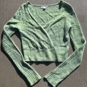 American Eagle Women's V Neck Ribbed Crop Sweater Cross Wrap Green Blue Sz M